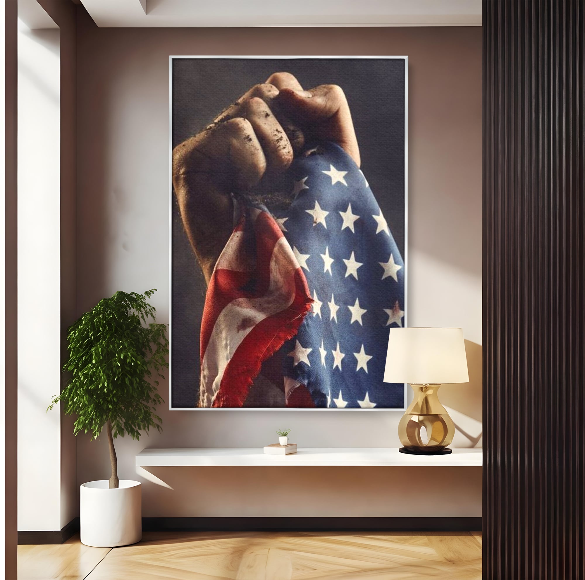 Tablou canvas cu tablou canvas cu mana murdara tinand steagul sua, in rama de aluminiu argintiu